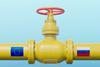 A yellow gas pipeline meets at a valve in the middle. On the left pipe is the EU flag, on the right is the Russian flag.