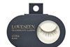 A matte, black, ovular box made of paperboard. It reads 'Loveseen Featherlift Lashes, Luna Black', and contains a round plastic window on the right side, displaying one set of false eyelashes.