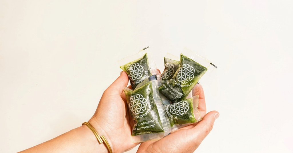 Compostable cellulose films used for liquid wheatgrass shot sachets ...