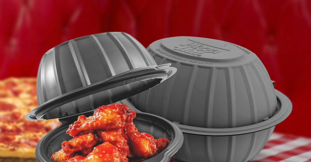 Pizza Hut sells takeaway chicken wings in recycled, recyclable plastic bowl