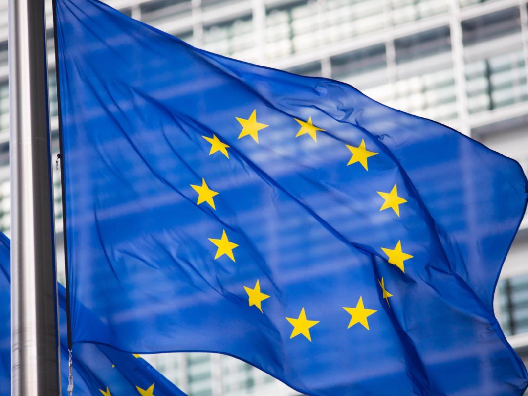 The flag of the European Union, flying in front of the EU parliament building.