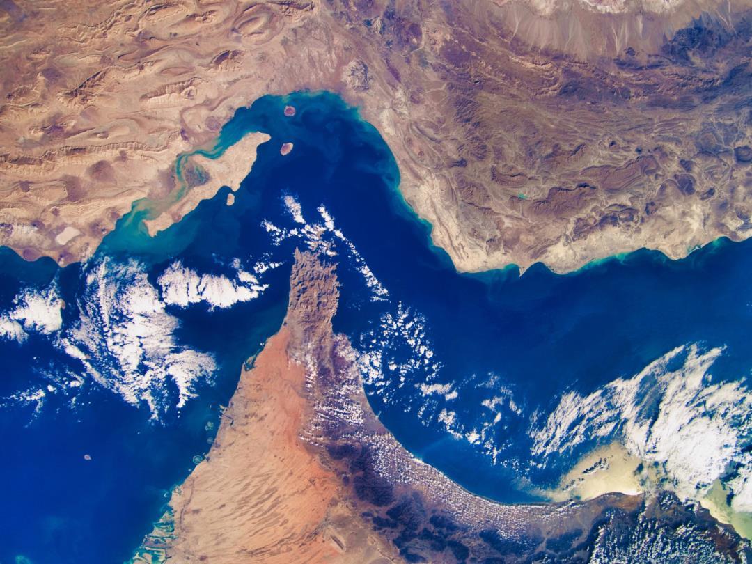 An aerial view of the Strait of Hormuz