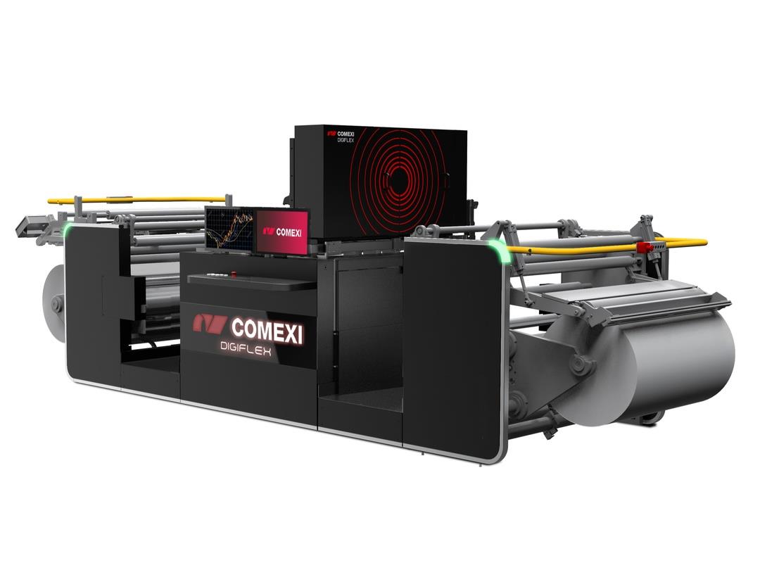 A large printing machine is branded with Comexi and Digiflex logos. It appears to have an operating station on one side.