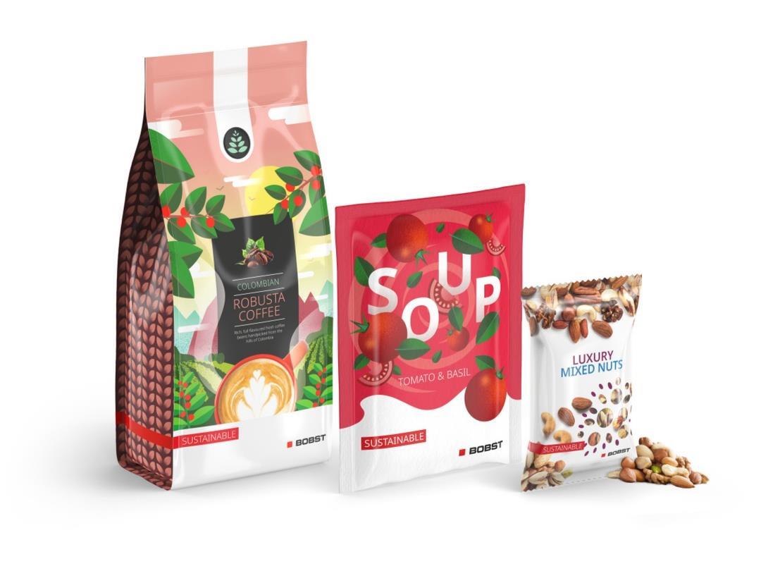 Three flexible plastic packages are lined up against a white background. From left to right, a large pouch labelled…