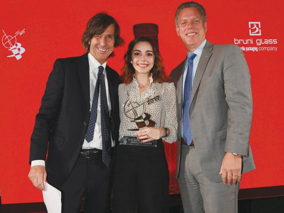 From left: Bruni Glass CEO Paolo Recrosio, overall winner Katharina Seizew and CEO of Berlin Packaging Rick BrandtRick Brandt