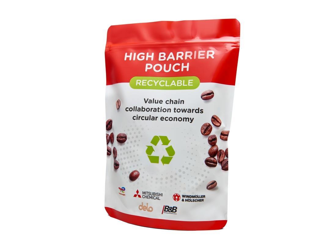 A plastic pouch against a white background. The packaging reads, ‘HIGH BARRIER POUCH, RECYCLABLE; Value chain collaboration…