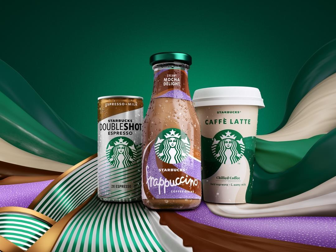 Three Starbucks packaging designs. In the middle, a plastic Frappuccino bottle with pink, purple and brown accents; to its…