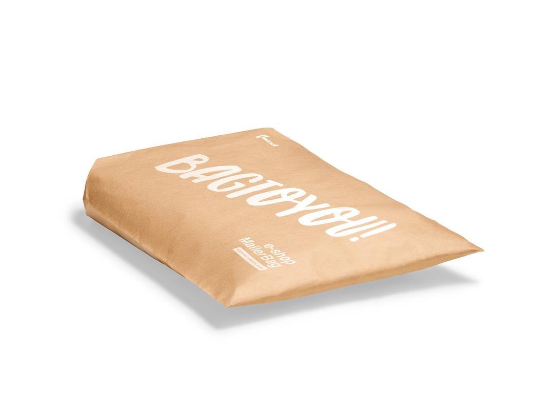 A paper delivery bag against a white background. The Mondi logo is printed into its top-left corner, with 'BAGTOYOU!'…
