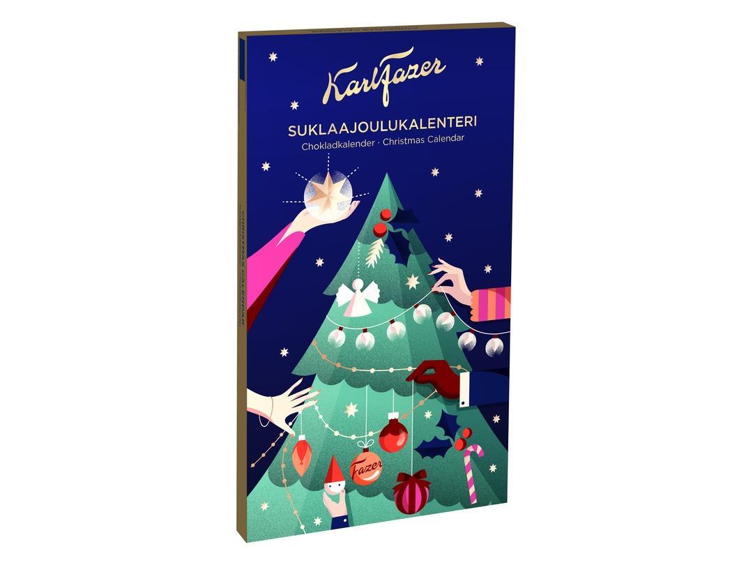 A paperboard advent calendar. It is dark blue, with illustrated hands hanging baubles and lights on a Christmas tree. The…