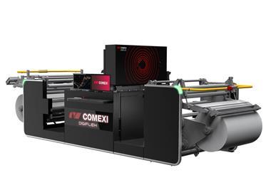 A large printing machine is branded with Comexi and Digiflex logos. It appears to have an operating station on one side.