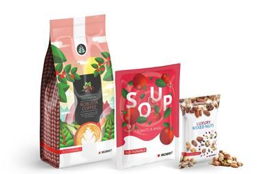 Three flexible plastic packages are lined up against a white background. From left to right, a large pouch labelled 'Colombian Robusta Coffee’; a medium-sized pack labelled ‘SOUP Tomato & Basil’; and a small packet of nuts.