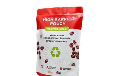 A plastic pouch against a white background. The packaging reads, ‘HIGH BARRIER POUCH, RECYCLABLE; Value chain collaboration towards circular economy.’ Beneath it is a recycling symbol, followed by the companies' logos.