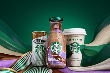 Three Starbucks packaging designs. In the middle, a plastic Frappuccino bottle with pink, purple and brown accents; to its left, a Doubleshot Espresso can with brown and green accents; on the right, a cream Caffé Latte coffee cup.
