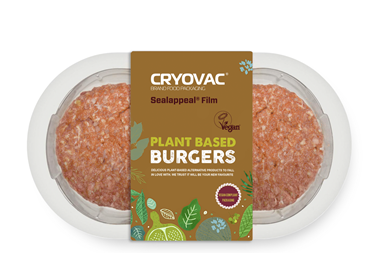 A pack containing plant-based burgers. The packaging is made of transparent plastic with a paperboard sleeve, which reads 'Cryovac Packaging Sealappeal Film; vegan-compliant packaging'. It also bears a vegan logo.