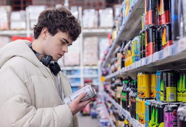 A man wearing headphones, stood in a supermarket isle, looking at a can of energy drink