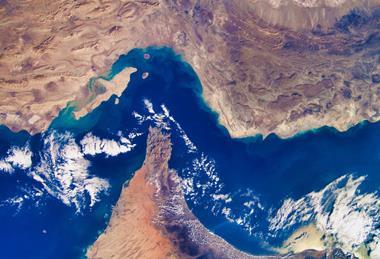 An aerial view of the Strait of Hormuz