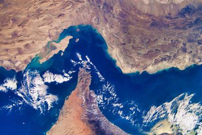 An aerial view of the Strait of Hormuz