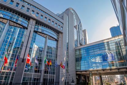 Flags of various EU countries in front of the European Parliament building in Brussels, Belgium.
