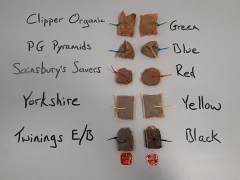 A photograph of Clipper Organic, PG Pyramids, Sainsbury's Savers, Yorkshite Tea and Twinings English Breakfast 'compostable' tea bags after twelve months. They have scarcely broken down.