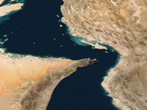 A satellite image of the Strait of Hormuz