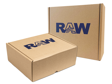 Two brown boxes against a white background. One is laying flat, one standing upright. Both have the 'RAW' logo printed on them in a dark blue font.