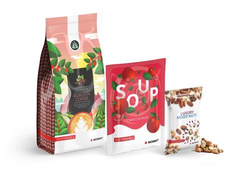 Three flexible plastic packages are lined up against a white background. From left to right, a large pouch labelled 'Colombian Robusta Coffee’; a medium-sized pack labelled ‘SOUP Tomato & Basil’; and a small packet of nuts.