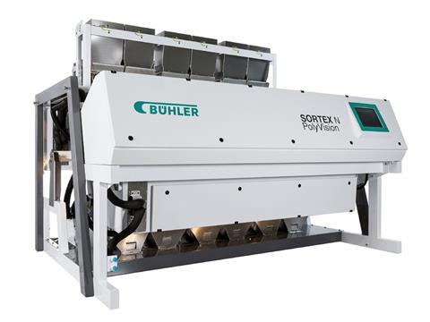 A machine branded with the Bühler logo, labelled 'SORTEX N PolyVision'.