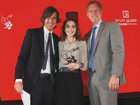 From left: Bruni Glass CEO Paolo Recrosio, overall winner Katharina Seizew and CEO of Berlin Packaging Rick BrandtRick Brandt