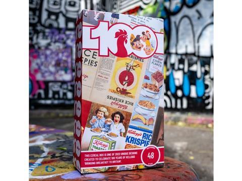 A photograph of a Kellogg's cereal box. It has been printed with a collage of vintage advertisements. The on-pack text reads, 'this cereal box is one of 2022 unique designs created to celebrate 100 years of Kellogg 'bringing breakfast to Britain'.'