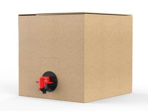 A cardboard box with a dispenser for pouring wine.