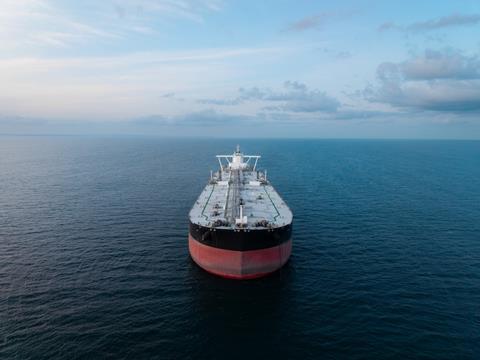 A container ship at sea in the Strait of Hormuz
