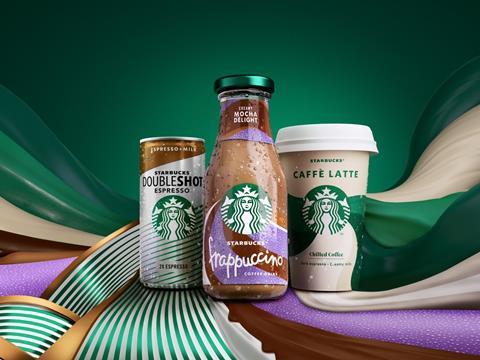 Three Starbucks packaging designs. In the middle, a plastic Frappuccino bottle with pink, purple and brown accents; to its left, a Doubleshot Espresso can with brown and green accents; on the right, a cream Caffé Latte coffee cup.