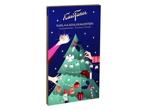 A paperboard advent calendar. It is dark blue, with illustrated hands hanging baubles and lights on a Christmas tree. The text reads, 'Karlfazer, Chokladkalendar, Christmas calendar'.