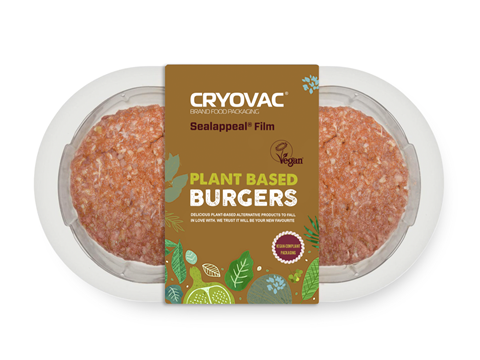 A pack containing plant-based burgers. The packaging is made of transparent plastic with a paperboard sleeve, which reads 'Cryovac Packaging Sealappeal Film; vegan-compliant packaging'. It also bears a vegan logo.